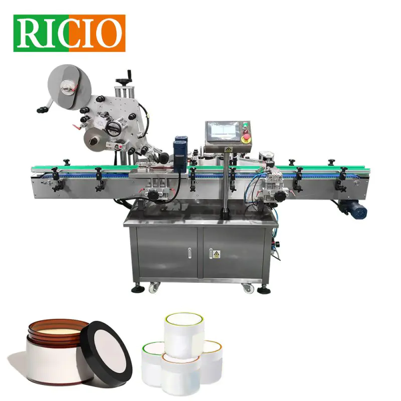 Máquina automática de etiquetado lateral y superior de botellas redondas